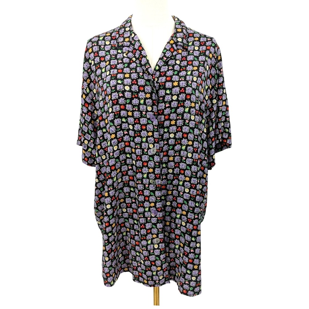 Teddi Black Floral Print Button Front Shirt Short Sleeve Women's XL Retro‎
